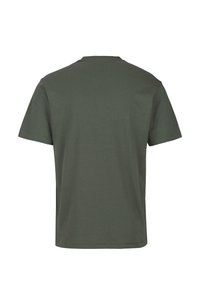 Olijfgroene T-shirt met korte mouwen, gemaakt van katoen. Eenvoudig ontwerp met een ronde halslijn en een gladde, zachte textuur. Geen zichtbare patronen of accenten.