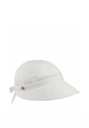 White soft fabric cap with a short curved brim and a small round metal emblem on the side.