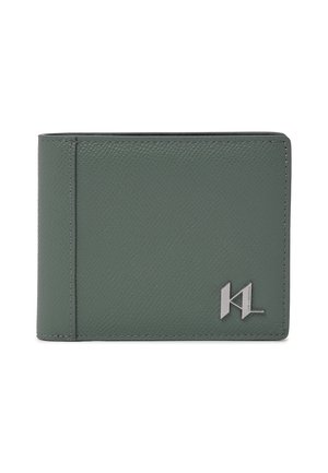 Green textured leather bi-fold wallet with silver metal logo emblem on the bottom right corner.