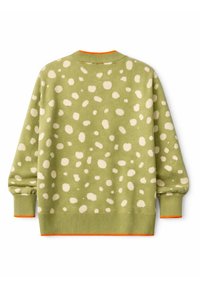 Ανοιχτό πράσινο πουλόβερ με ακανόνιστα λευκά πουά, ριπ μανσέτες και τελείωμα, και λεπτή πορτοκαλί επένδυση στο γιακά και στις άκρες των μανικιών.