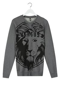 Sweat-shirt gris à col rond, avec un grand motif de lion noir et le mot "VERSUS" en lettres majuscules sur la poitrine.