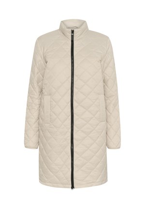 Beiger gesteppter langer Mantel mit Stehkragen, Frontreißverschluss und zwei seitlichen Taschen; zeichnet sich durch eine glatte Textur und ein Rautenmuster aus.