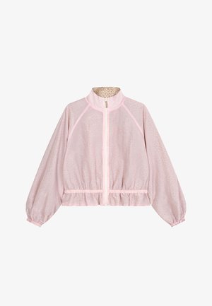 Hellrosa Damenjacke mit dezentem Leopardenmuster, durchgehendem Frontreißverschluss, hohem Kragen, elastischem Saum und langen Ärmeln mit Bündchen.