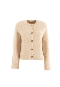 Cardigan lavorato a maglia beige realizzato in materiale morbido, con scollatura tonda, chiusura frontale con bottoni e polsini a coste. Design classico e semplice.