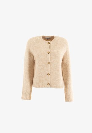 Cárdigan de punto beige hecho de material suave, con cuello redondo, cierre delantero de botones y puños acanalados. Diseño clásico y simple.