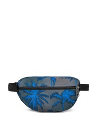 Fanny pack con motivo di palme blu su uno sfondo grigio, dotato di chiusura con zip e una cintura nera regolabile. Materiale testurizzato.