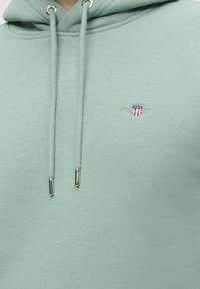 Sweat à capuche vert clair avec cordons à embouts métalliques et petit logo brodé représentant un écusson avec des étoiles et des bandes sur la poitrine.