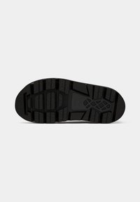 Semelle de chaussure en caoutchouc noir avec un design texturé et à motifs, dotée de reliefs et de rainures marquées pour une meilleure adhérence. Fini lisse et durable.