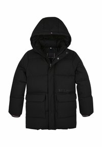 Černá pufová bunda s kapucí, předním zipem, druky, dvěma velkými předními kapsami a nenápadným logem "Hilfiger" na hrudi.