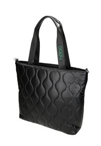 Svart matalat tygväska med slät yta, toppad med två textilhankar som har en grön logotyp. Dragkedjestängning längs den övre kanten.