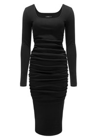 Černé šaty s dlouhým rukávem, ribbovanou texturou a řaseným designem, s čtvercovým výstřihem a přiléhavým střihem, sahající po střed lýtek.