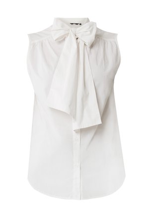 Blusa blanca sin mangas con un lazo en el cuello, que presenta un cierre de botones en la parte delantera y una tela suave y ligera.