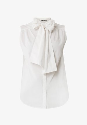 Blusa bianca senza maniche con un fiocco al collo, dotata di una chiusura frontale con bottoni e realizzata in un tessuto morbido e leggero.