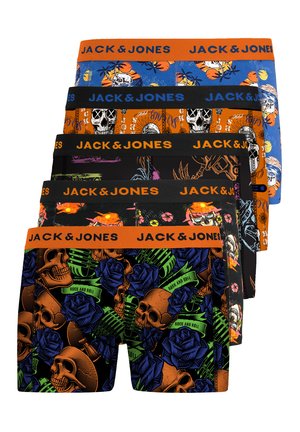 Ensemble de cinq paires de boxers ; couleurs variées. Présente des motifs de crânes et de fleurs, avec des tailles élastiques portant la marque "JACK & JONES".