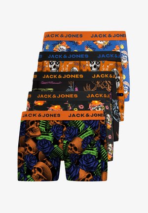 Set of five pairs of boxer shorts; varying colors. Features skull and floral patterns, elasticized waistbands with "JACK & JONES" branding.