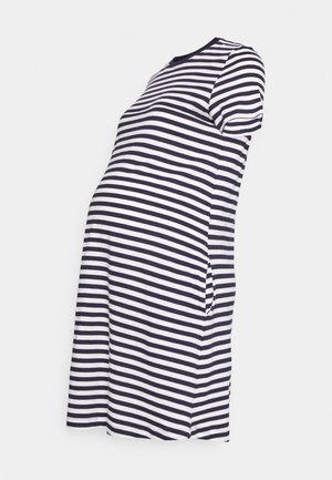 Kurzärmeliges Umstandskleid mit schwarzen und weißen horizontalen Streifen und Seitentaschen, dargestellt auf weißem Hintergrund.
