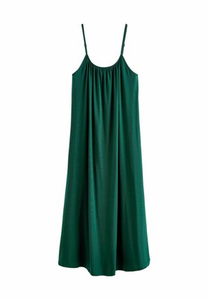 Robe maxi sans manches vert foncé avec fines bretelles ajustables et détail de tissu froncé au niveau de l'encolure, suspendue sur un fond blanc.