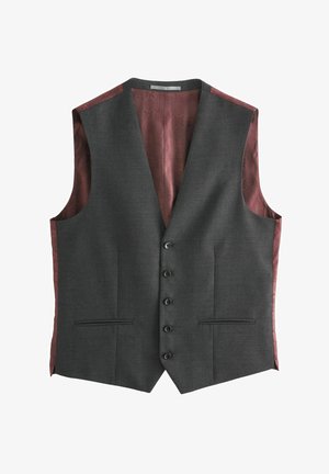 Šedý veston s texturovaným povrchem, s vínovou saténovou podšívkou, pěti knoflíky a dvěma předními kapsami. Elegantní a na míru šitý design.