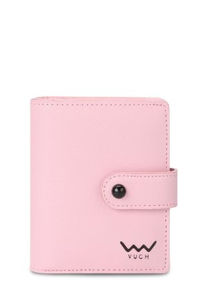 Pink faux leather wallet with a button closure, featuring black hardware and embossed logo on the front. Compact rectangular design.