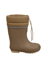 Botte imperméable marron en caoutchouc flexible, dotée d'un col rembourré, d'une bande grise et d'une semelle texturée pour une meilleure adhérence.