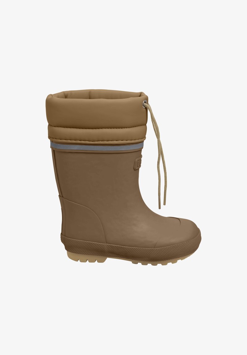 Botte imperméable marron en caoutchouc flexible, dotée d'un col rembourré, d'une bande grise et d'une semelle texturée pour une meilleure adhérence.