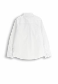 Biała koszula z długim rękawem, z kołnierzykiem, zapinanymi mankietami i prostym dołem. Gładki, lekki materiał o jednolitym wzorze.