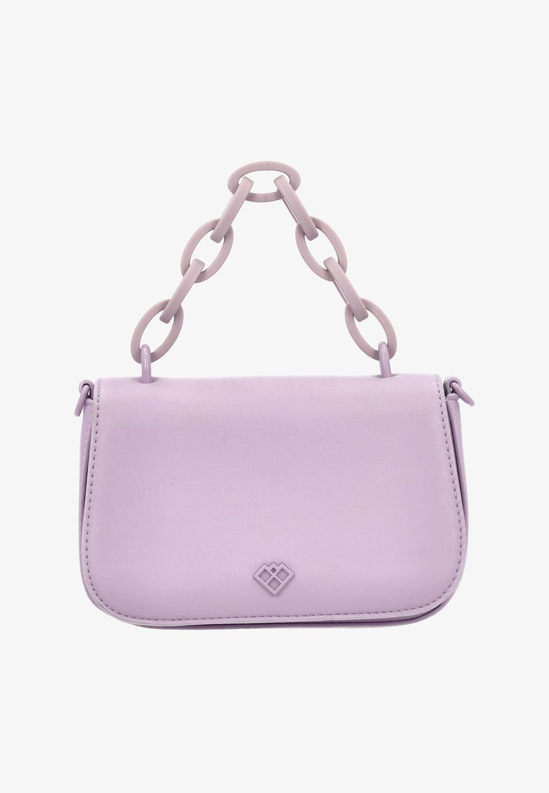 Lilla lædertaske med en glat overflade, rektangulær form og et kædetræk. Har en diskret logo detalje foran.