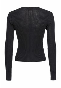 Haut en maille noir côtelé à manches longues avec un col rond, une coupe ajustée et un tissu texturé, mettant en valeur un motif de tricot uniforme.