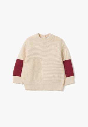 Maglione lavorato a maglia color crema con una tasca quadrata frontale e accentuazioni bordeaux sulle maniche. Orlo e polsini a costine.