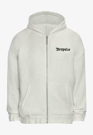 Valge tõmblukuga kapuutsiga sviiter, millel on avarad eestaskud, soonikkoes varrukad ja alläär. Vasakul rinnal on must "Dropsize" logo. Pehme tekstuur.