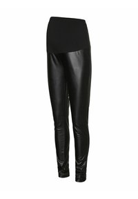 Zwarte neplederen leggings met een brede, rekbare zwarte tailleband. Gladde textuur en vormgevend design, dat aan de enkels taps toeloopt.