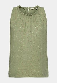 Blouse sans manches vert clair avec un petit imprimé floral rose et blanc et un col rond froncé avec fermeture à bouton dans le dos.