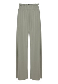 Light green, wide-leg pants with a ruffled elastic waistband; made of soft, smooth fabric; features full-length cut and simple hem.