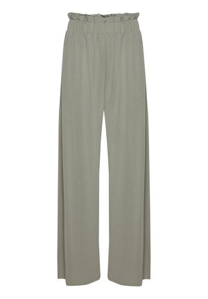 Light green, wide-leg pants with a ruffled elastic waistband; made of soft, smooth fabric; features full-length cut and simple hem.