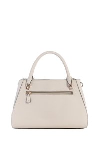 Sac à main structuré beige avec finition texturée, anse supérieure unique et poche avant zippée avec des ferrures dorées.