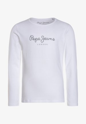 Weiße Langarm-T-Shirt aus Baumwolle mit silbernem Logo-Text "Pepe Jeans LONDON" in der Mitte der Vorderseite und einem runden Ausschnitt.