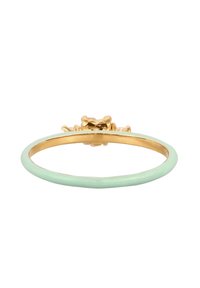Guldring med et mintgrønt emaljebånd, med et blomstermotiv og klare ædelstene på toppen, der viser udsøgt detaljerigdom.