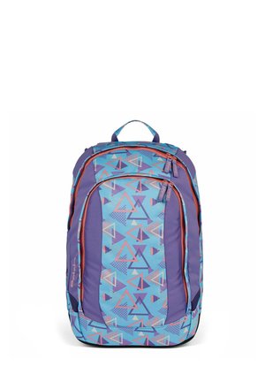 Blue and purple backpack with geometric triangle pattern, multiple zippered compartments, and a top carrying handle.
