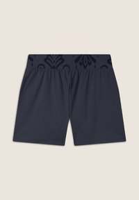 Pantaloni corti blu navy con una cintura decorata. Realizzati in tessuto morbido, presentano una vestibilità morbida e una cintura elastica per il massimo comfort.