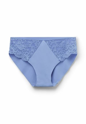 Light blue women's underwear with lace floral detail on the sides and solid fabric in the center and bottom areas.