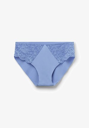 Light blue women's underwear with lace floral detail on the sides and solid fabric in the center and bottom areas.