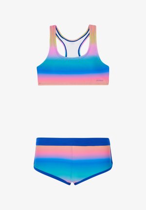To-vej swimming sæt bestående af en racerback top og matchende svømmedragter. Fremstillet af strækbart stof med en gradient af blå, pink og lilla.