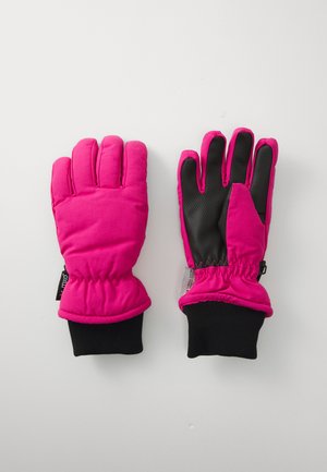 Gants isolés roses avec paumes texturées noires, poignets élastiques et ouvertures pour les poignets à bord côtelé. Présente un design à cinq doigts pour plus de dextérité.