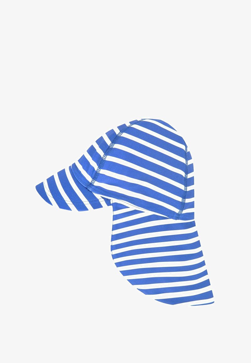 Blauer und weißer gestreifter Sonnenhut mit breiter Krempe und Nackenklappe zum Schutz, aus leichtem Stoff mit genähten Nähten.