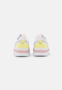 Pair of white sneakers with yellow, pink, and gray accents, viewed from the back on a plain white background.
