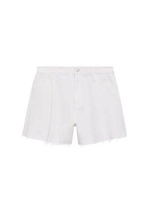 Biele riflové šortky s vysokým pásom, roztrhnutými okrajmi a prednými vreckami. Majú jedno zapínanie na gombík a pútka na opasok.