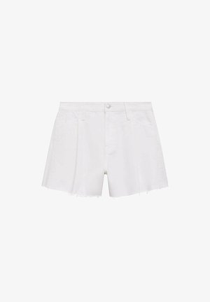 Białe szorty dżinsowe z wysokim stanem, postrzępionymi brzegami i przednimi kieszeniami. Zawierają pojedyncze zapięcie na guzik oraz szlufki na pasek.