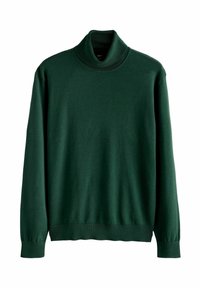 Pulover verde cu guler înalt confecționat dintr-un material moale. Dispune de mâneci lungi, manșete cu nervuri și un guler cu nervuri asortat.