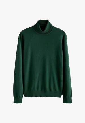 Grüner Rollkragenpullover aus weichem Material. Mit langen Ärmeln, gerippten Bündchen und einem passenden gerippten Kragen.