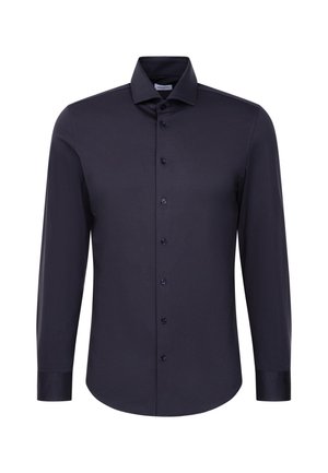 Dark navy blue long-sleeve men's dress shirt with buttoned front and classic collar, displayed on plain white background.